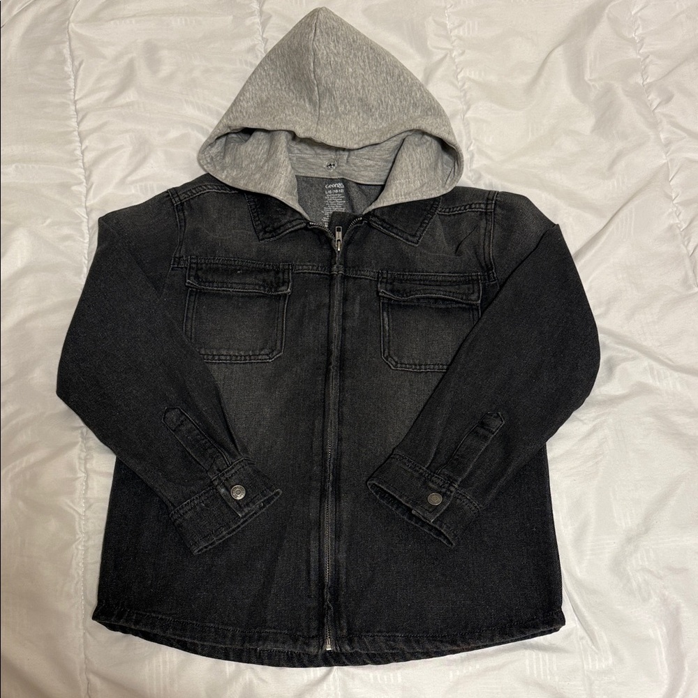 George Kids Black Denim Jacket with Gray Hood